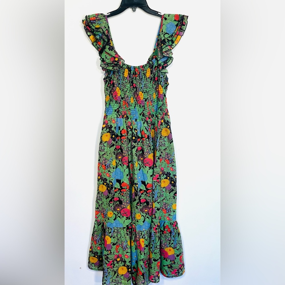 Mille Tropical Smocked Midi Dress with Ruffle Sleeves - Green Floral - Picture 5 of 8
